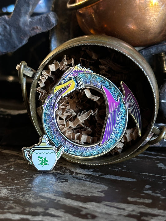 Purple Occamy Ouroboros and Teapot Pins